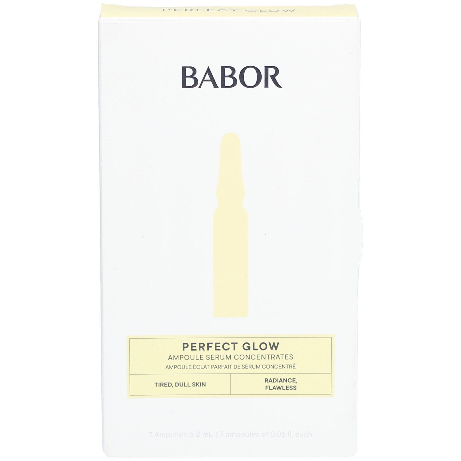 Weiße Verpackung mit gelber Ampulle-Illustration. Marke BABOR. Text: PERFECT GLOW, Ampullen.