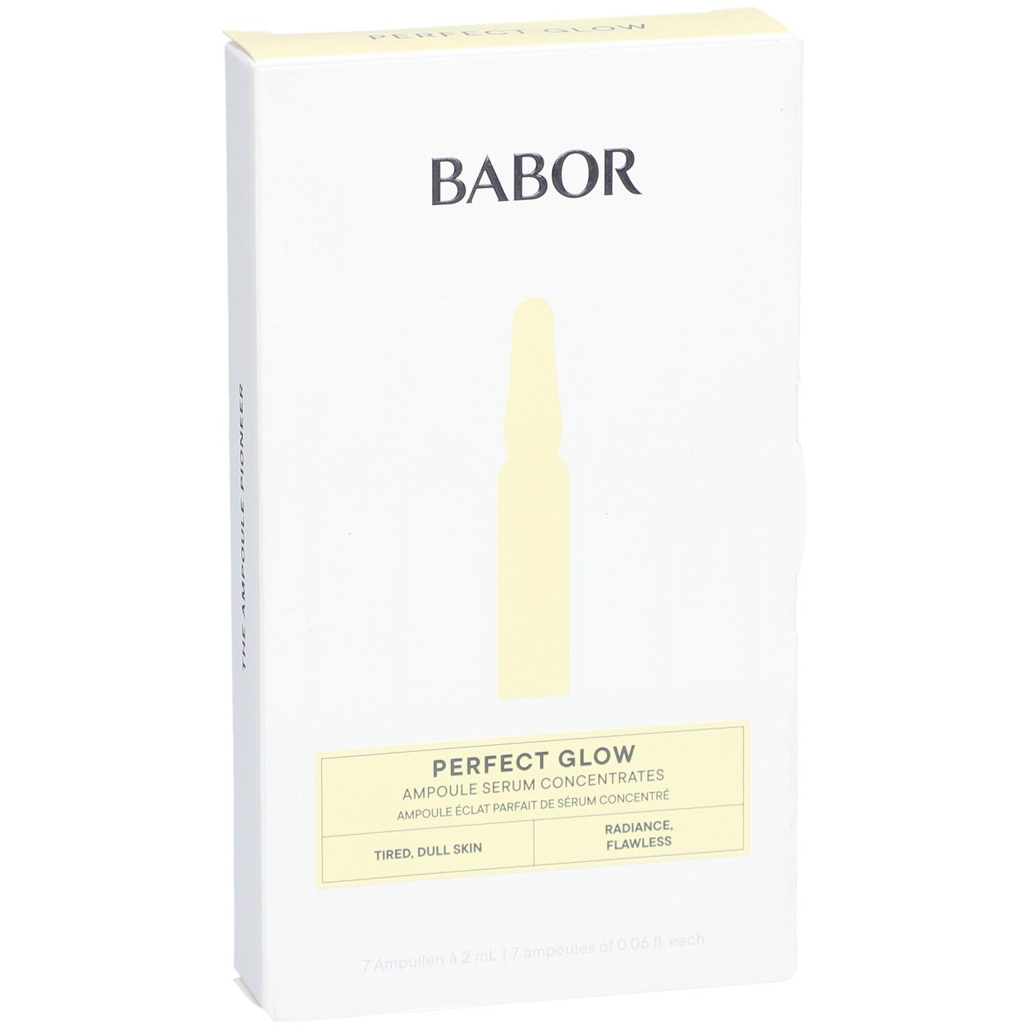 Weiße Verpackung mit gelber Ampulle-Illustration. Marke BABOR. Text: PERFECT GLOW, Ampullen.