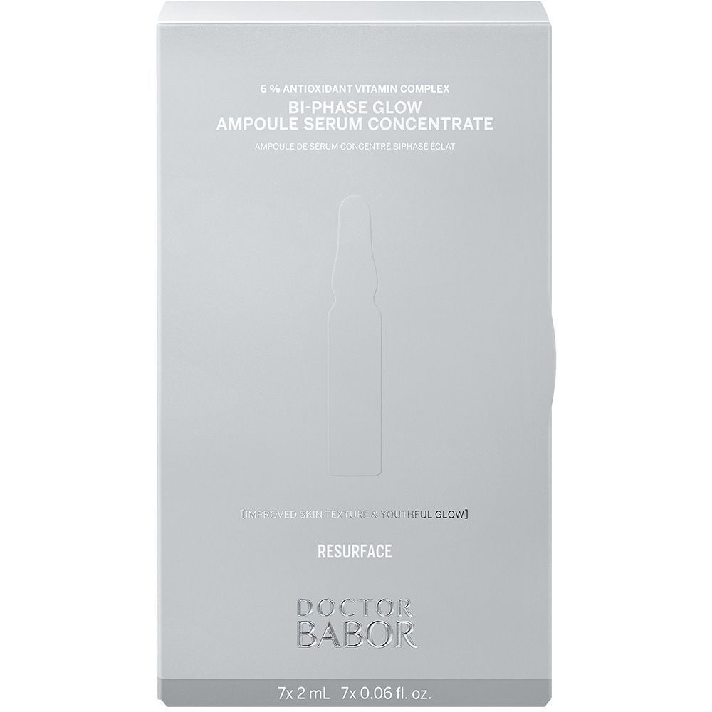 Graue Schachtel mit Produktabbildung. Aufschrift: Bi-Phase Glow Ampulle Serum Concentrate, Doctor Babor.