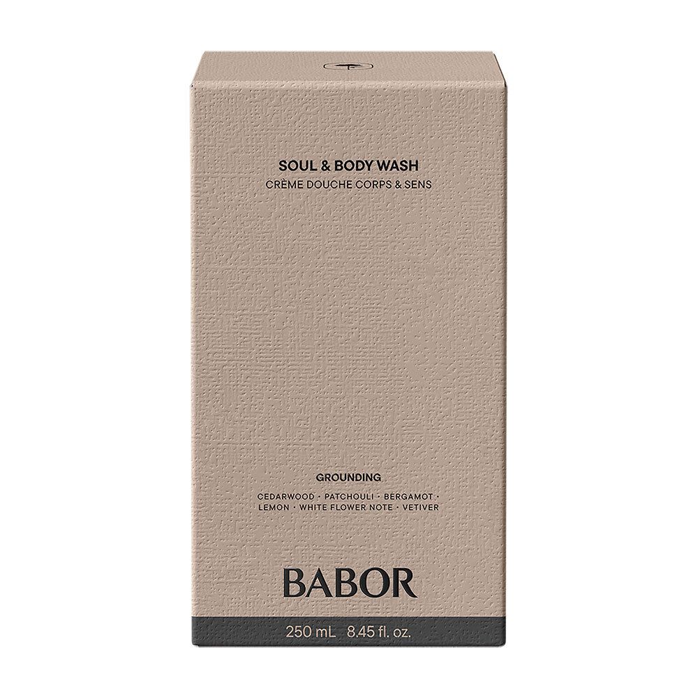 Emballage beige avec inscription : Soul & Body Wash, Grounding, Babor. Ingrédients et volume.