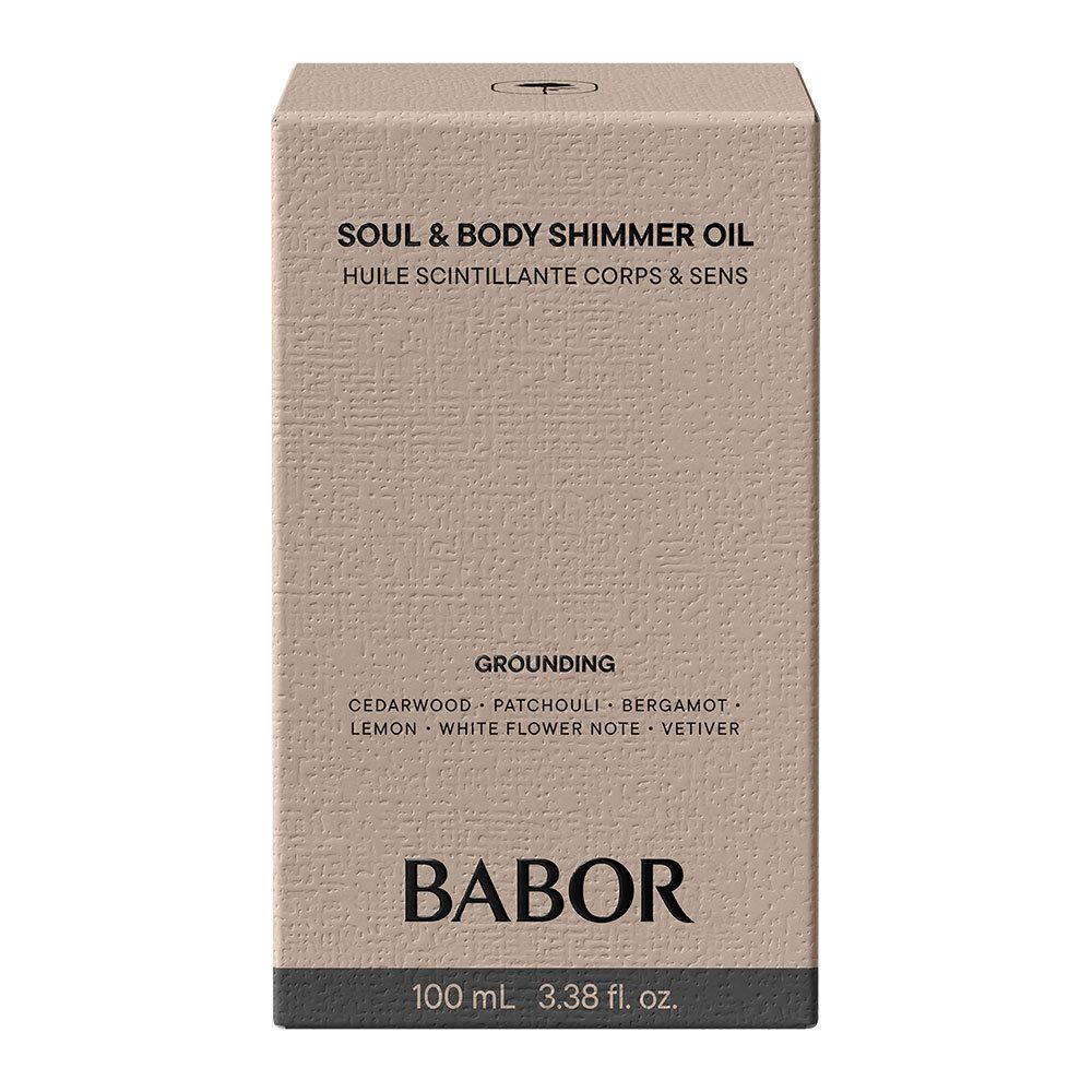 Beige Kartonverpackung. Aufschrift: Soul & Body Shimmer Oil, Inhaltsstoffe, BABOR. Unten: 100 ml.