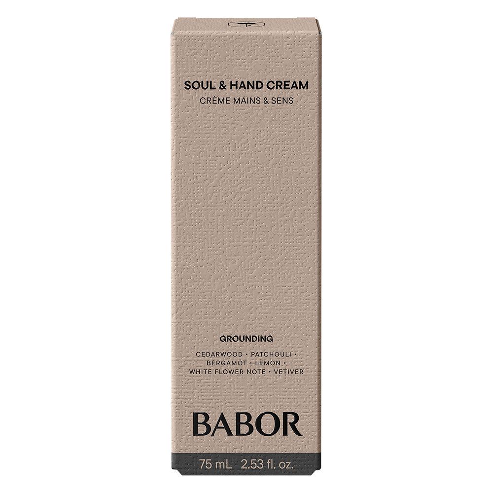 Beige Kartonverpackung. Aufschrift: SOUL & HAND CREAM. Inhaltsstoffe und BABOR-Logo. 75 ml.
