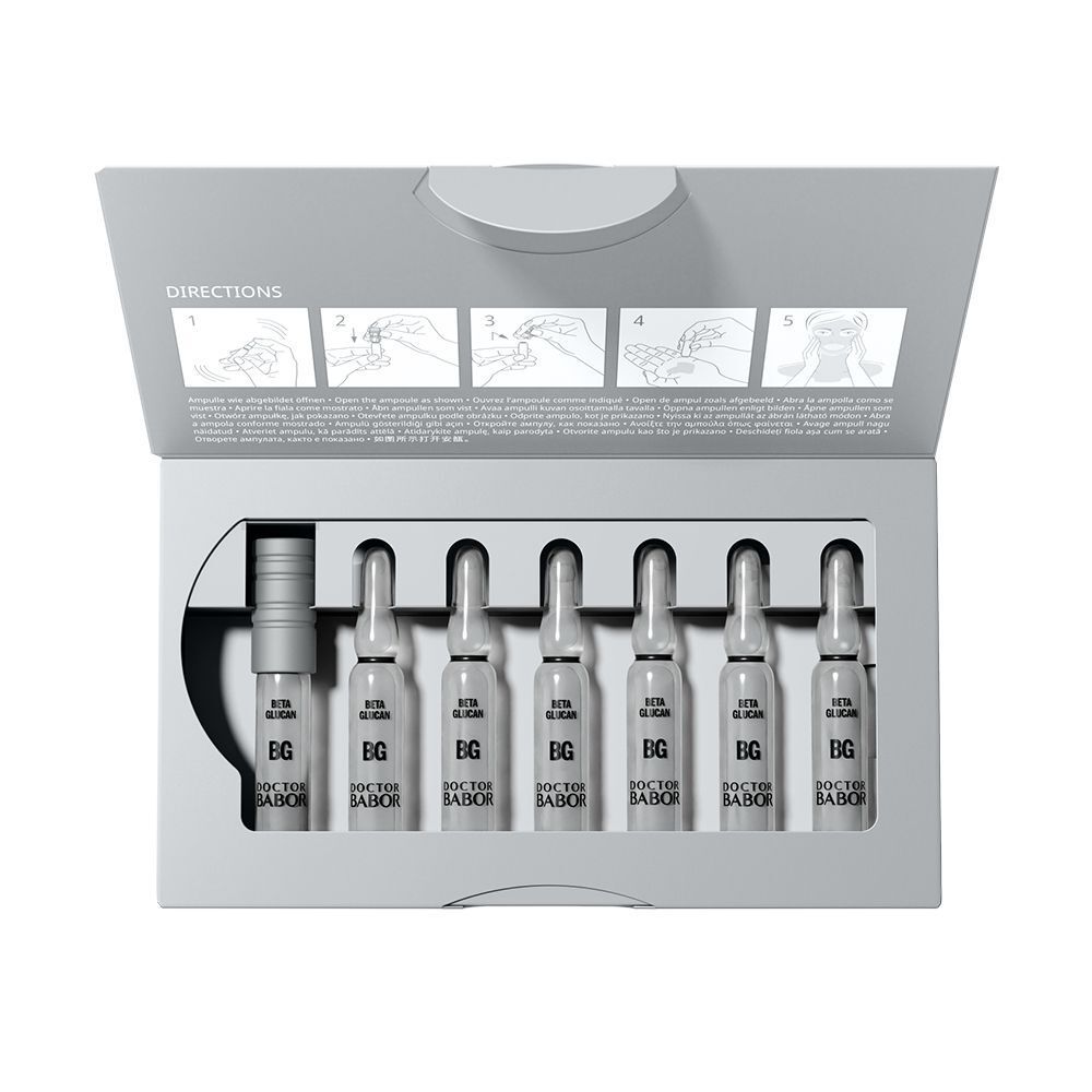 Geöffnete Schachtel mit 7 Ampullen und Anwendungsanleitung. Beschriftung: BG, Doctor Babor.