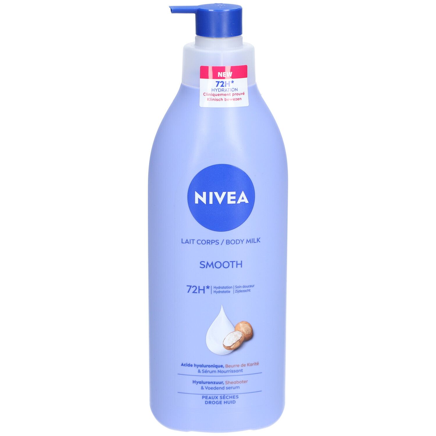 Fles Nivea Lait Corps Smooth. Blauwe dispenser met blauwe pomp. Logo en productnaam zichtbaar.