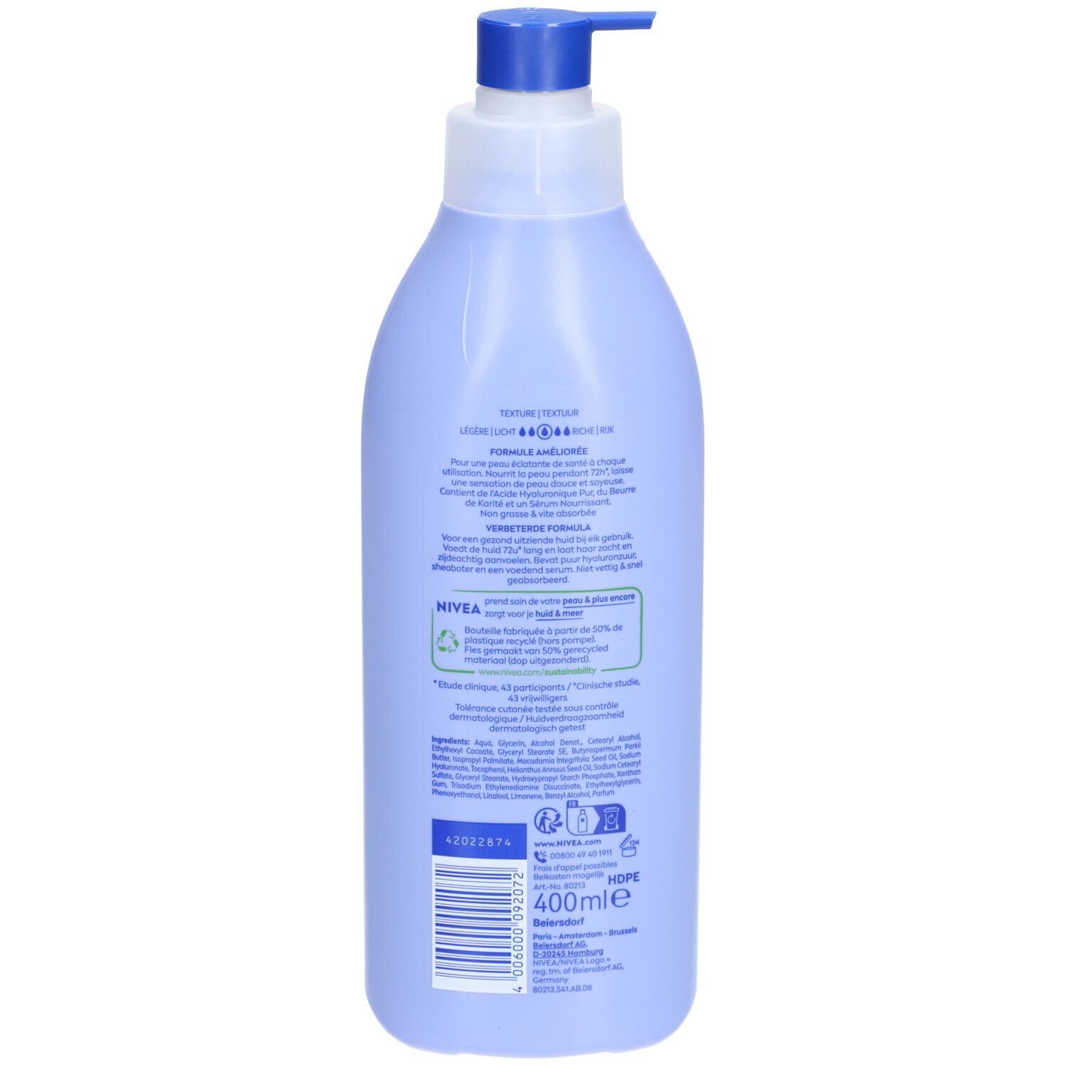 Achterkant van de Nivea Lait Corps Smooth fles. Tekst en informatie over samenstelling en duurzaamheid.