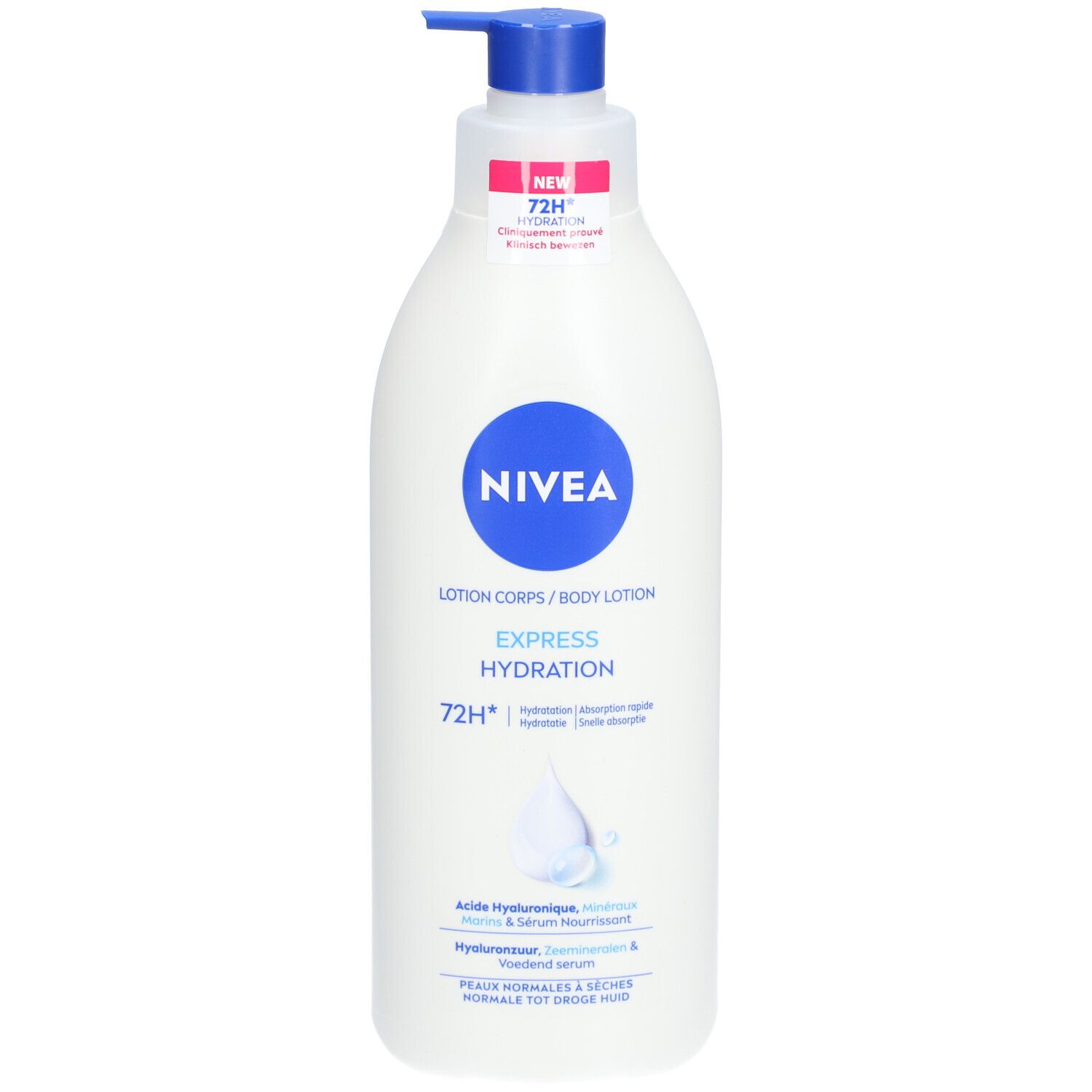 Witte fles met blauwe pomp. Nivea-logo en tekst 'Express Hydration'. Roze sticker met '72H'.