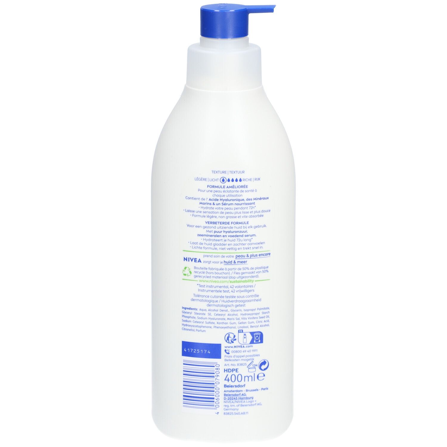 Achterkant van de witte fles. Blauwe tekst en logo's. Tekstinformatie en barcode. '400ml' en recyclingsymbolen.