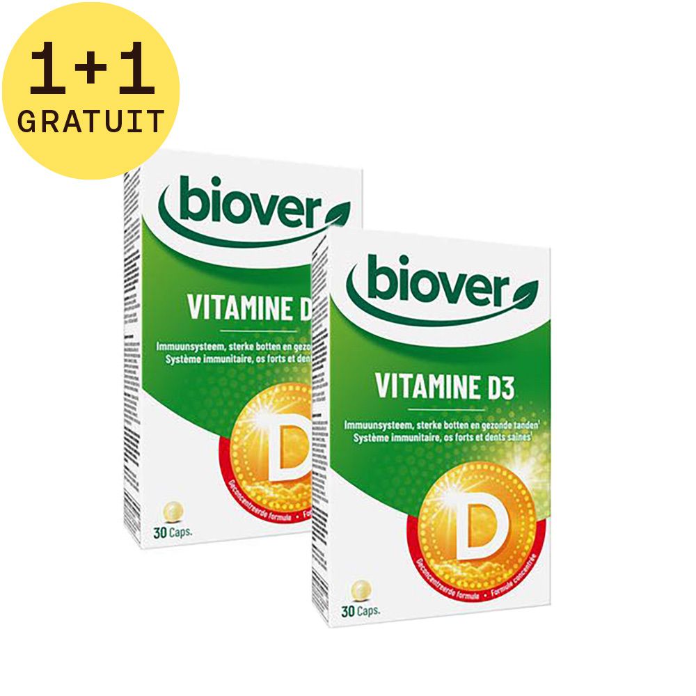 Deux boîtes de Biover Vitamine D3. Emballage blanc avec logo et texte verts. Contient 30 capsules. Symbole D jaune. 1+1 GRATUIT.