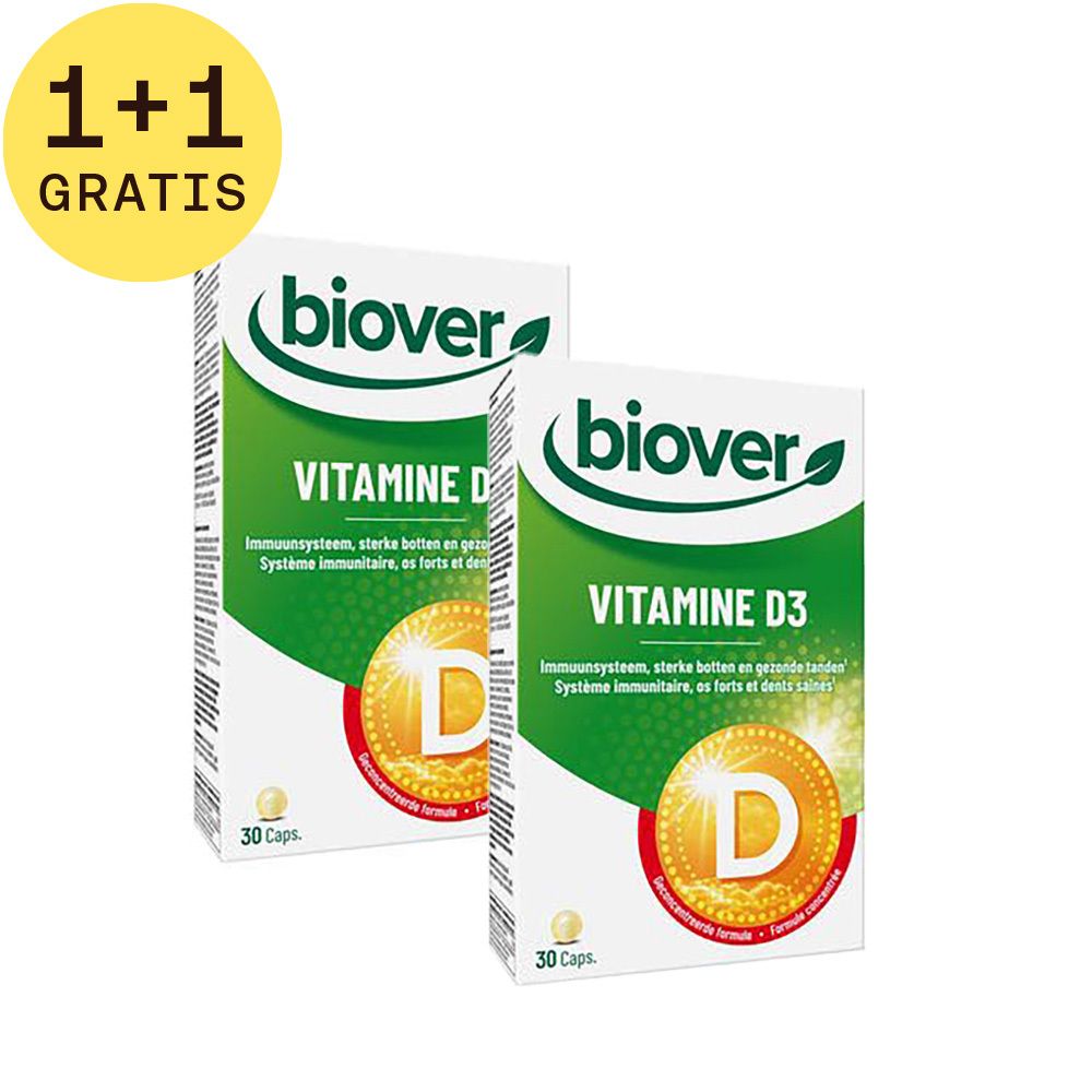 Twee dozen Biover Vitamine D3. Witte verpakking met groen logo en tekst. Bevat 30 capsules. Geel D-symbool. 1+1 GRATUIT.