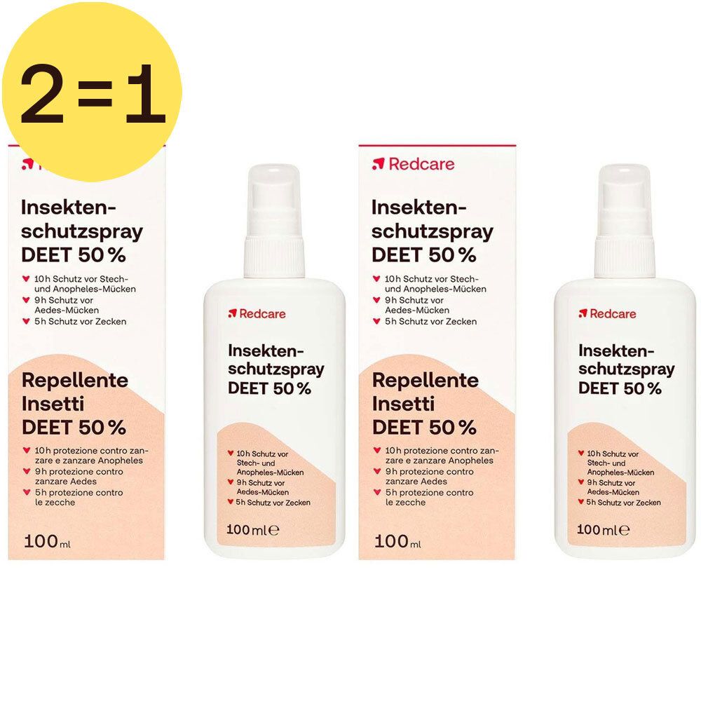 Drie flessen insectenspray met verpakking. Opschrift: Insektenschutzspray DEET 50%.