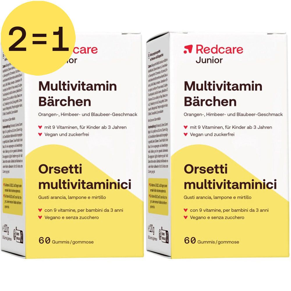 Twee dozen Redcare Junior Multivitamine Beertjes met 1+1 gratis aanbieding. Opschrift: 60 gummies.