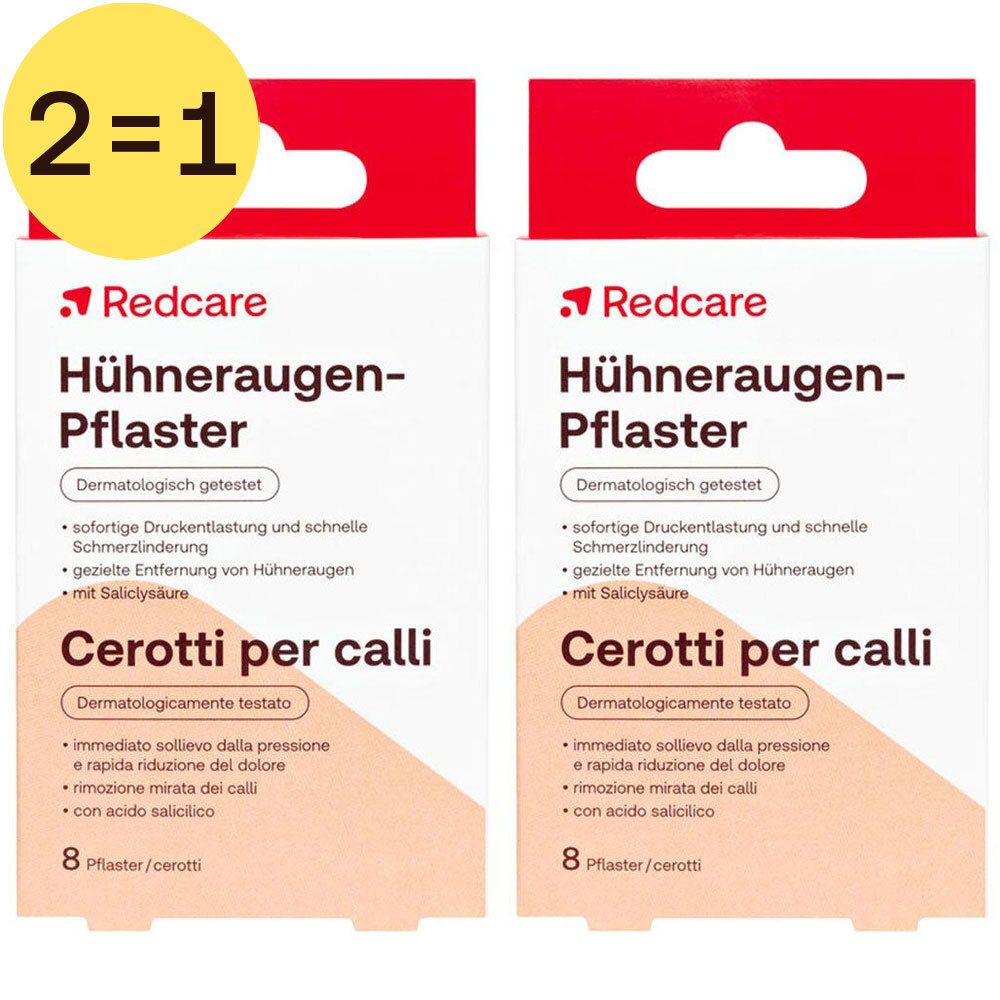 Twee verpakkingen Redcare likdoornpleisters. Opschrift: 1+1 GRATIS. Rode en witte verpakking.