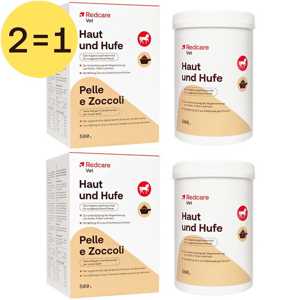 Twee dozen Redcare Vet Huid en hoeven. Tekst in het Duits en Italiaans. Rood logo met paard.