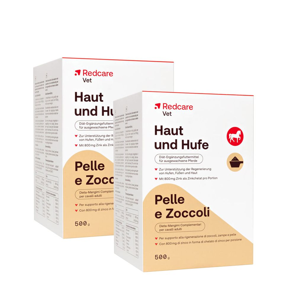 Twee dozen Redcare Vet Huid en hoeven. Tekst in het Duits en Italiaans. Rood logo met paard.