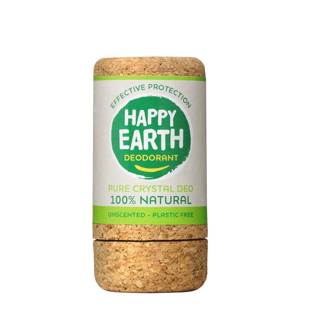 Deo-Stick in Korkverpackung. Aufschrift: Happy Earth, Deodorant, Pure Crystal Deo, 100% Natural, Unscented, Plastic Free.