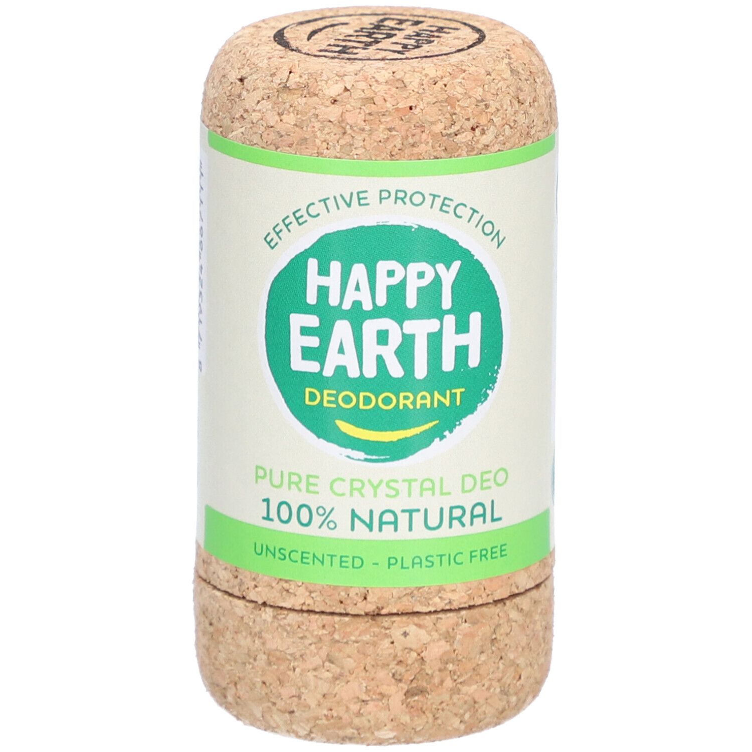 Deo-Stick in Korkverpackung. Aufschrift: Happy Earth, Deodorant, Pure Crystal Deo, 100% Natural, Unscented, Plastic Free.