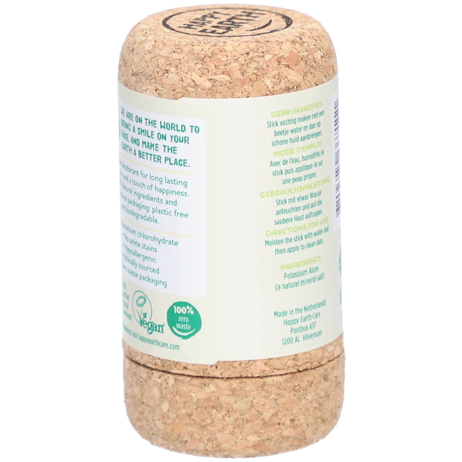 Rückseite des Deo-Sticks. Text, Vegan-Logo, 100% Zero Waste-Logo.