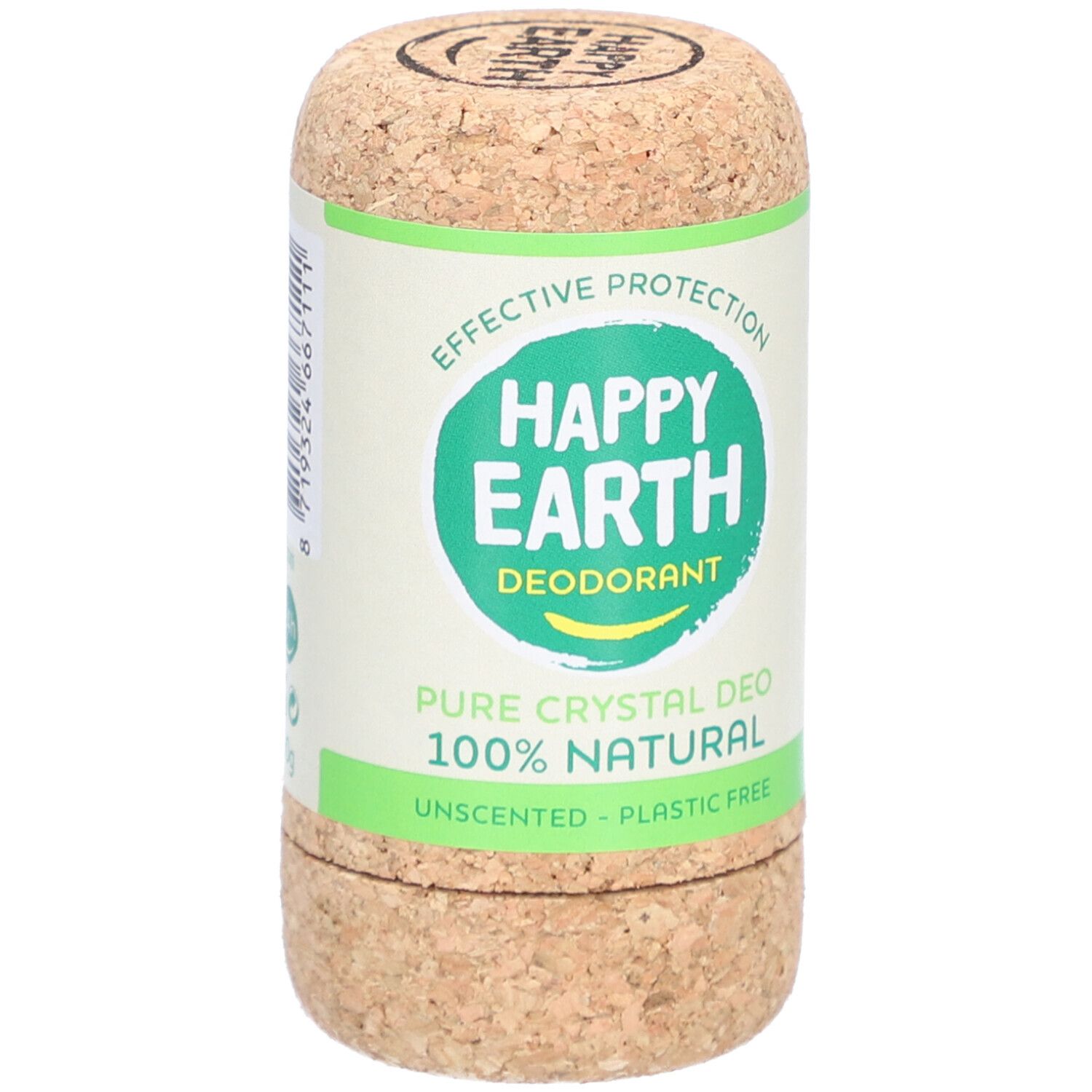 Deo-Stick in Korkverpackung. Aufschrift: Happy Earth, Deodorant, Pure Crystal Deo, 100% Natural, Unscented, Plastic Free.