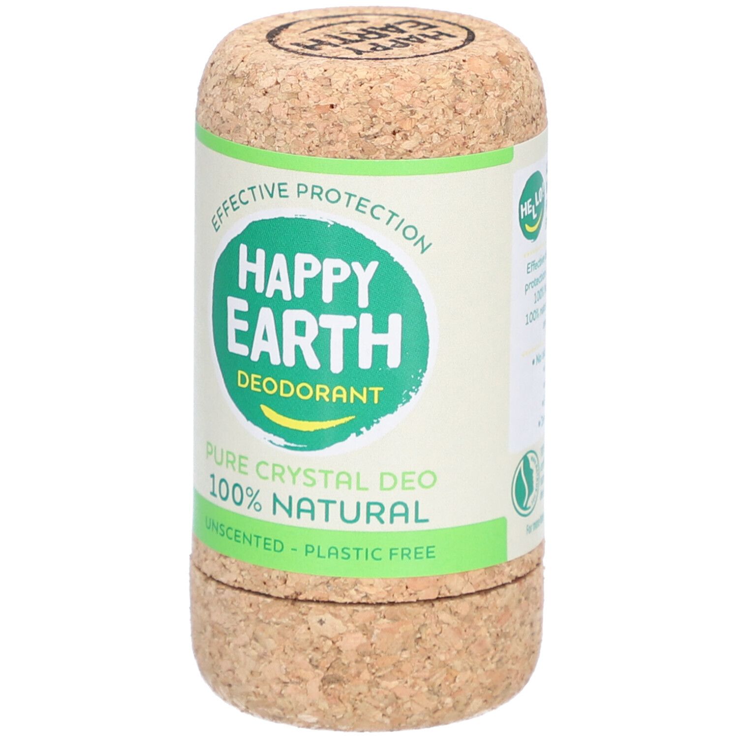 Deo-Stick in Korkverpackung. Aufschrift: Happy Earth, Deodorant, Pure Crystal Deo, 100% Natural, Unscented, Plastic Free.