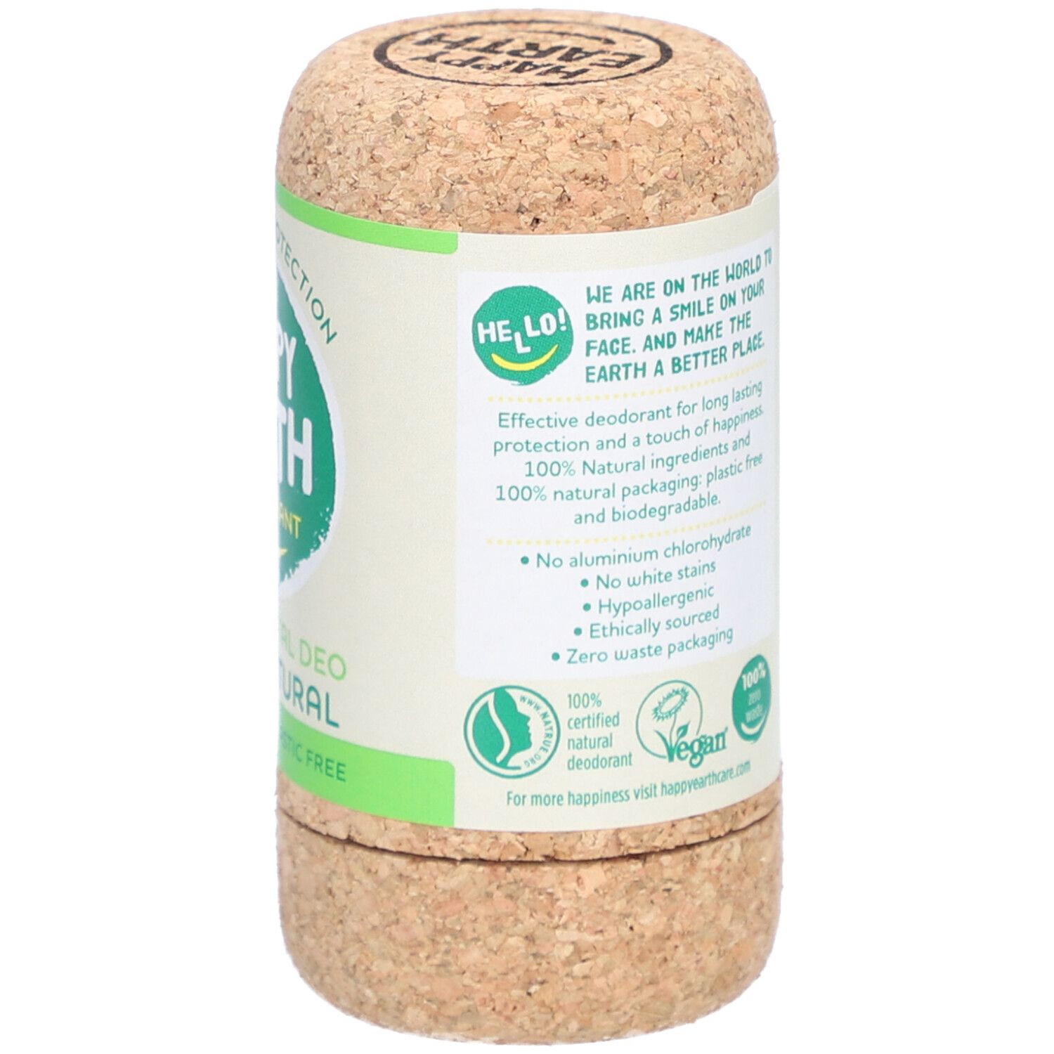 Rückseite des Deo-Sticks. Text, Vegan-Logo, 100% Zero Waste-Logo, 100% zertifiziertes natürliches Deodorant.