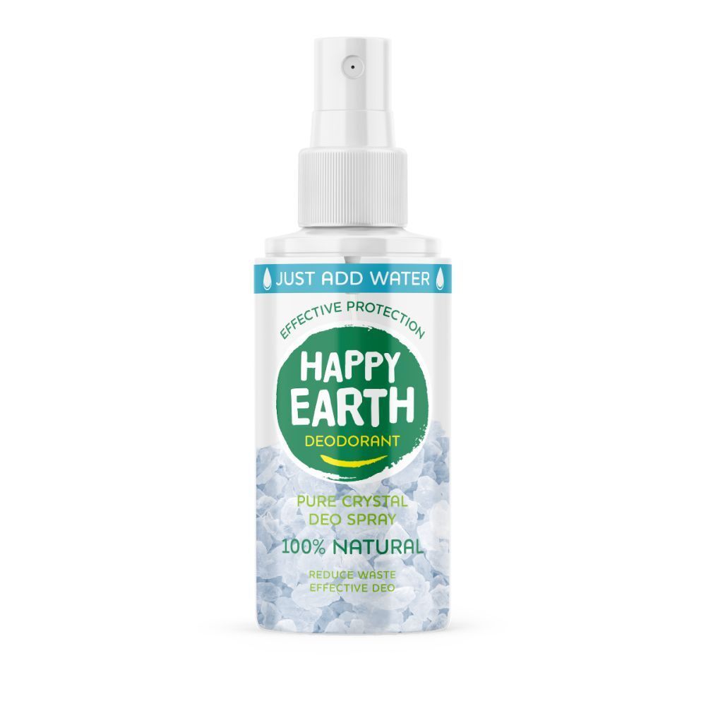 Deodorant-Spray mit weißem Sprühkopf. Aufschrift: Happy Earth, Deodorant, Pure Crystal Deo Spray, 100% Natural.