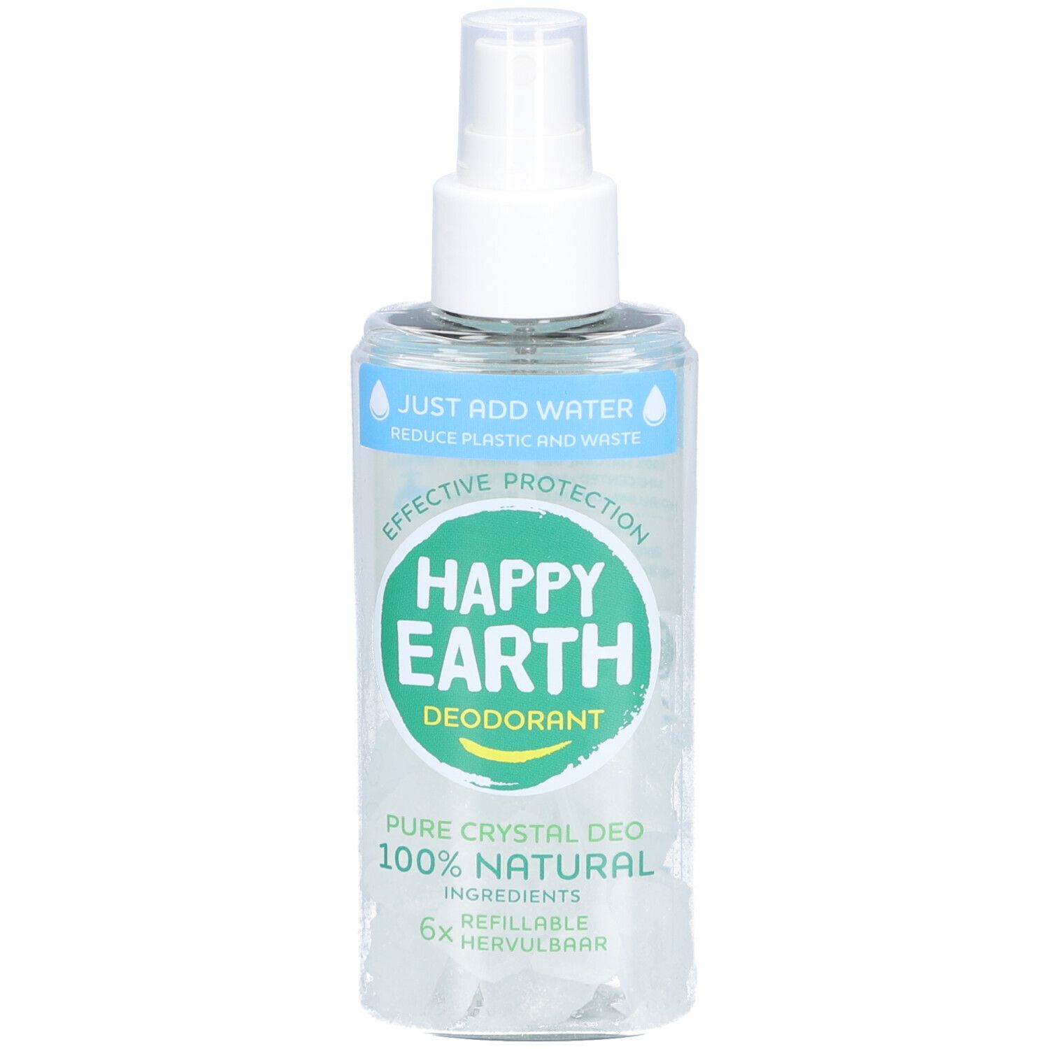 Deodorant-Spray mit weißem Sprühkopf. Aufschrift: Happy Earth, Deodorant, Pure Crystal Deo, 100% Natural, nachfüllbar.