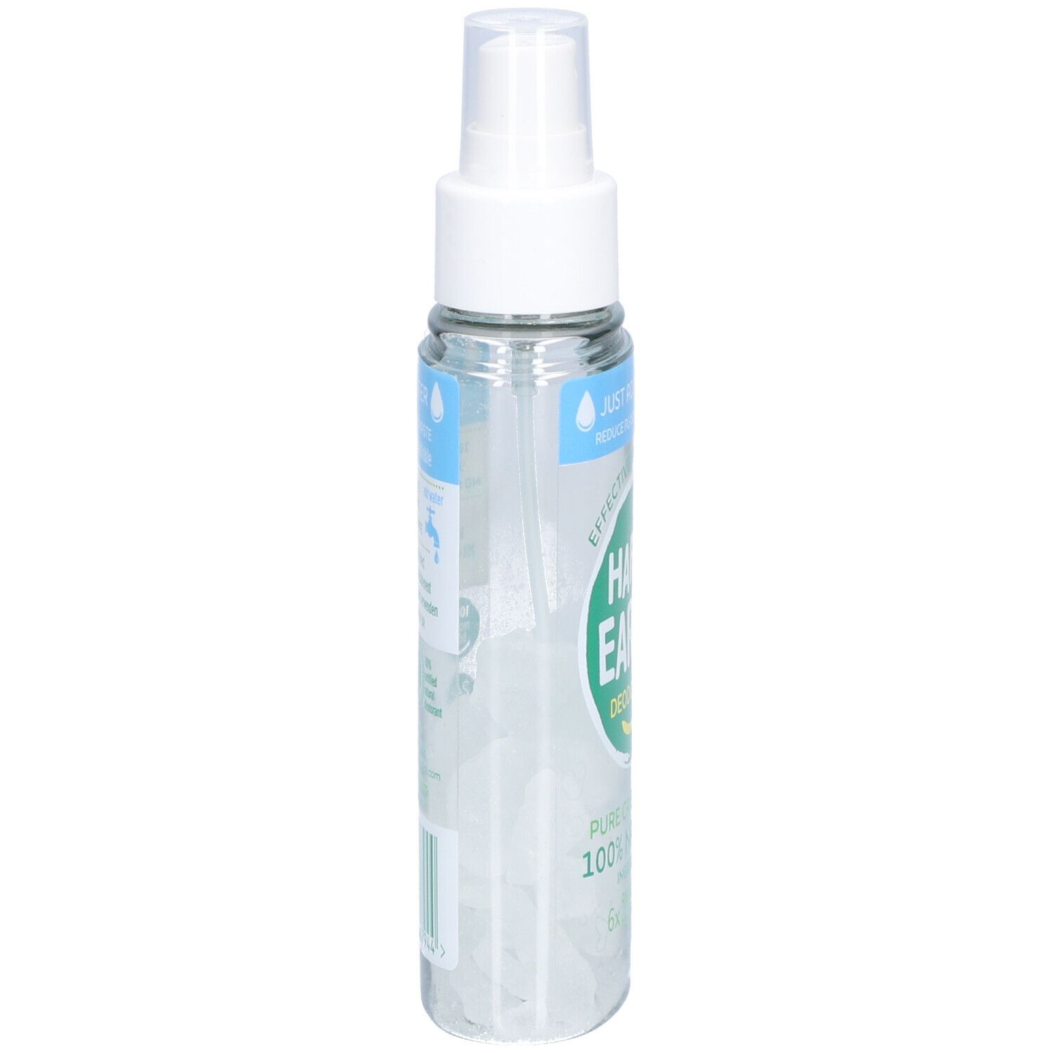 Deodorant-Spray mit weißem Sprühkopf. Aufschrift: Happy Earth, Deodorant, Pure Crystal Deo, 100% Natural, nachfüllbar.