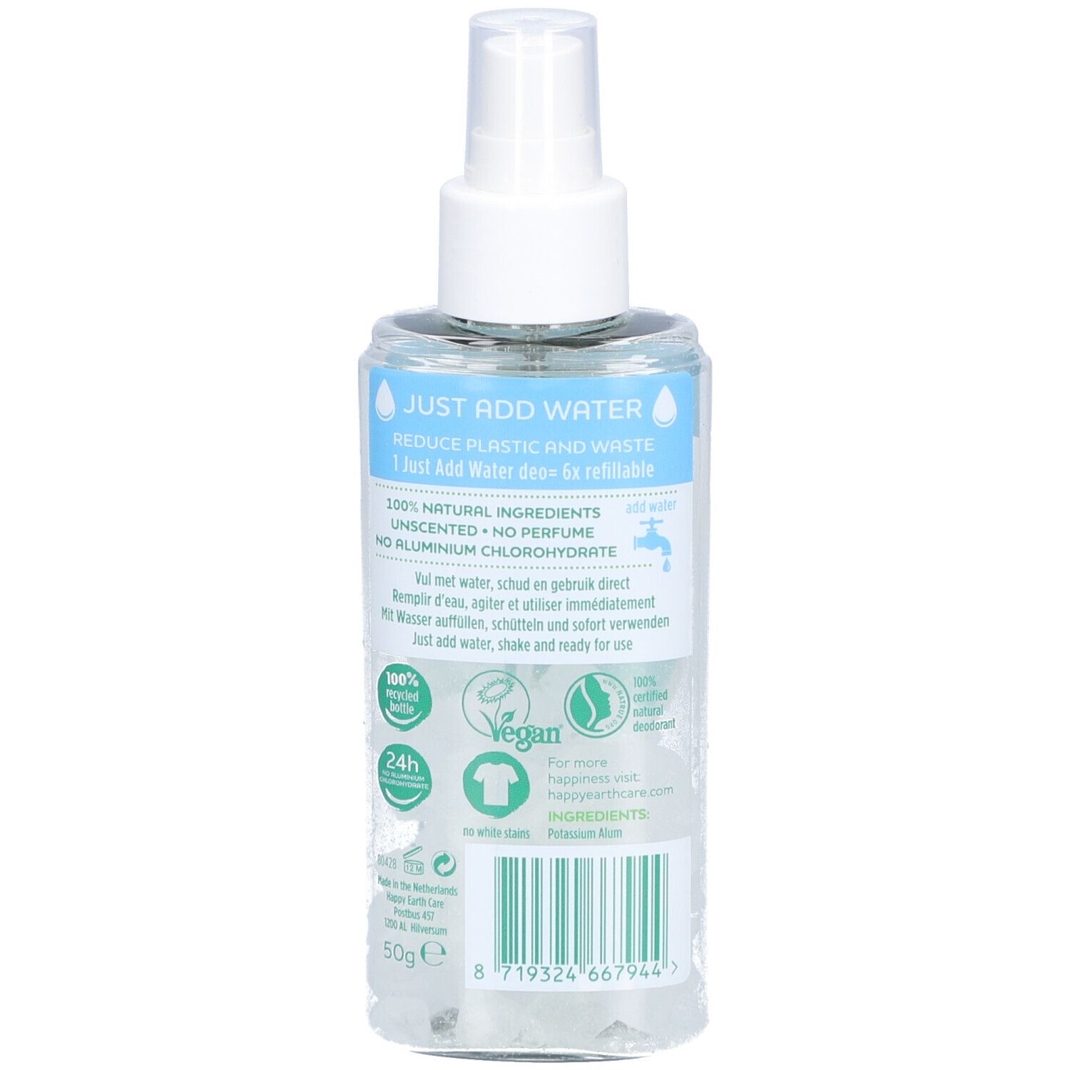 Rückseite der Deodorant-Spray-Flasche. Text: Just add water, 100% natürliche Inhaltsstoffe, ohne Parfüm, ohne Aluminiumchlorhydrat.