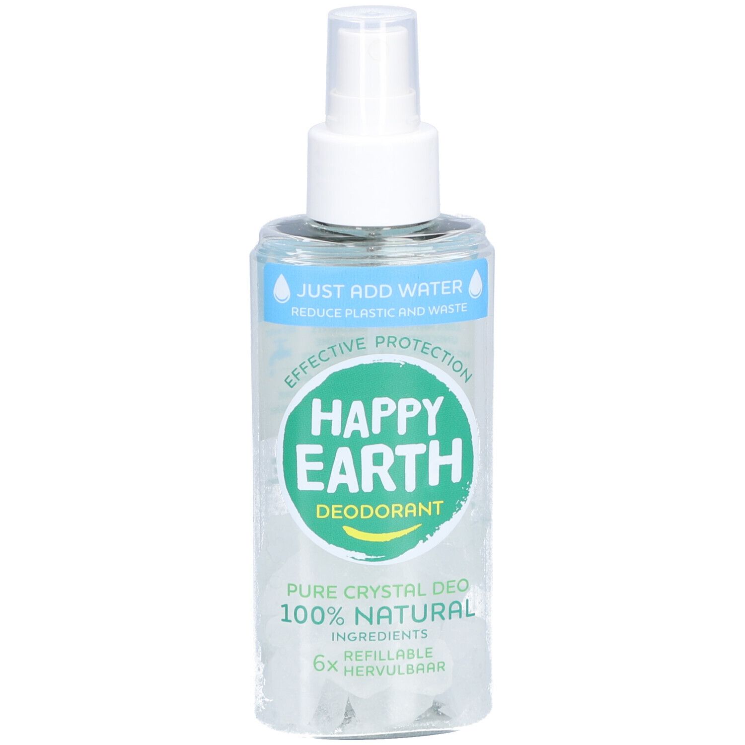 Deodorant-Spray mit weißem Sprühkopf. Aufschrift: Happy Earth, Deodorant, Pure Crystal Deo, 100% Natural, nachfüllbar.