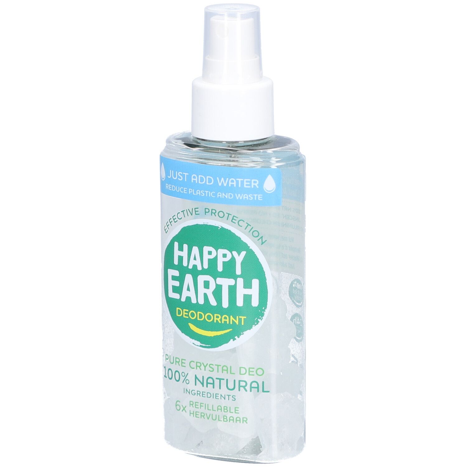 Deodorant-Spray mit weißem Sprühkopf. Aufschrift: Happy Earth, Deodorant, Pure Crystal Deo, 100% Natural, nachfüllbar.