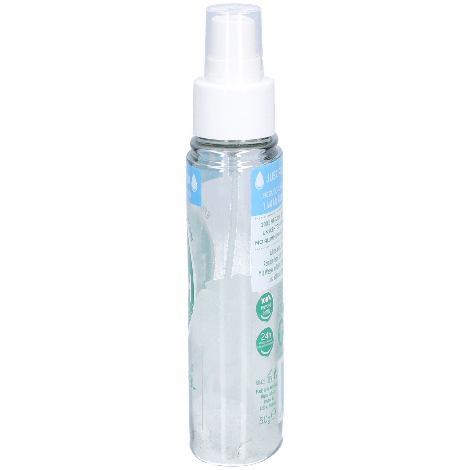 Rückseite der Deodorant-Spray-Flasche. Text: Just add water, 100% natürliche Inhaltsstoffe, ohne Parfüm, ohne Aluminiumchlorhydrat.