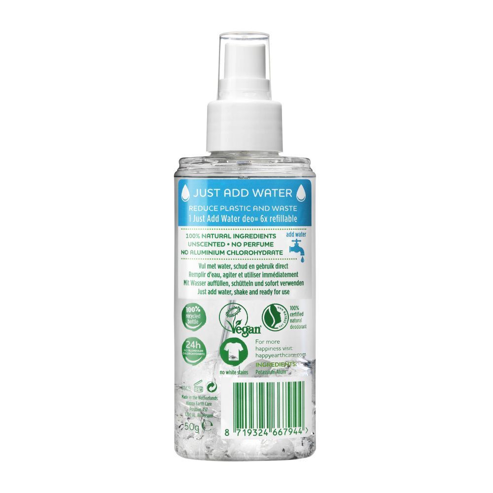 Rückseite der Deodorant-Spray-Flasche. Text: Just add water, 100% natürliche Inhaltsstoffe, ohne Parfüm, ohne Aluminiumchlorhydrat.
