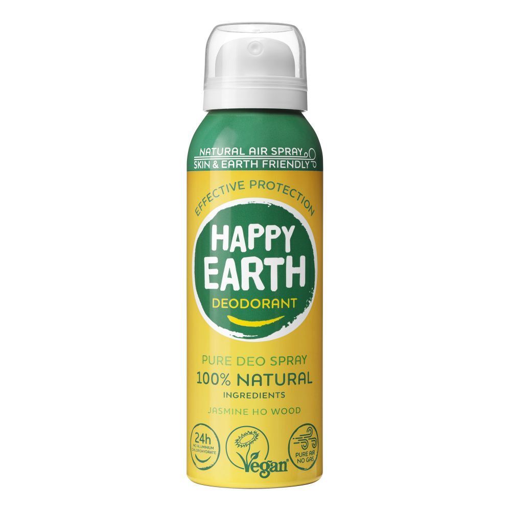 Deodorant-Spray von Happy Earth. Grün-gelbe Dose mit weißem Sprühkopf. Aufschrift: Happy Earth, Deodorant, 100% Natural.