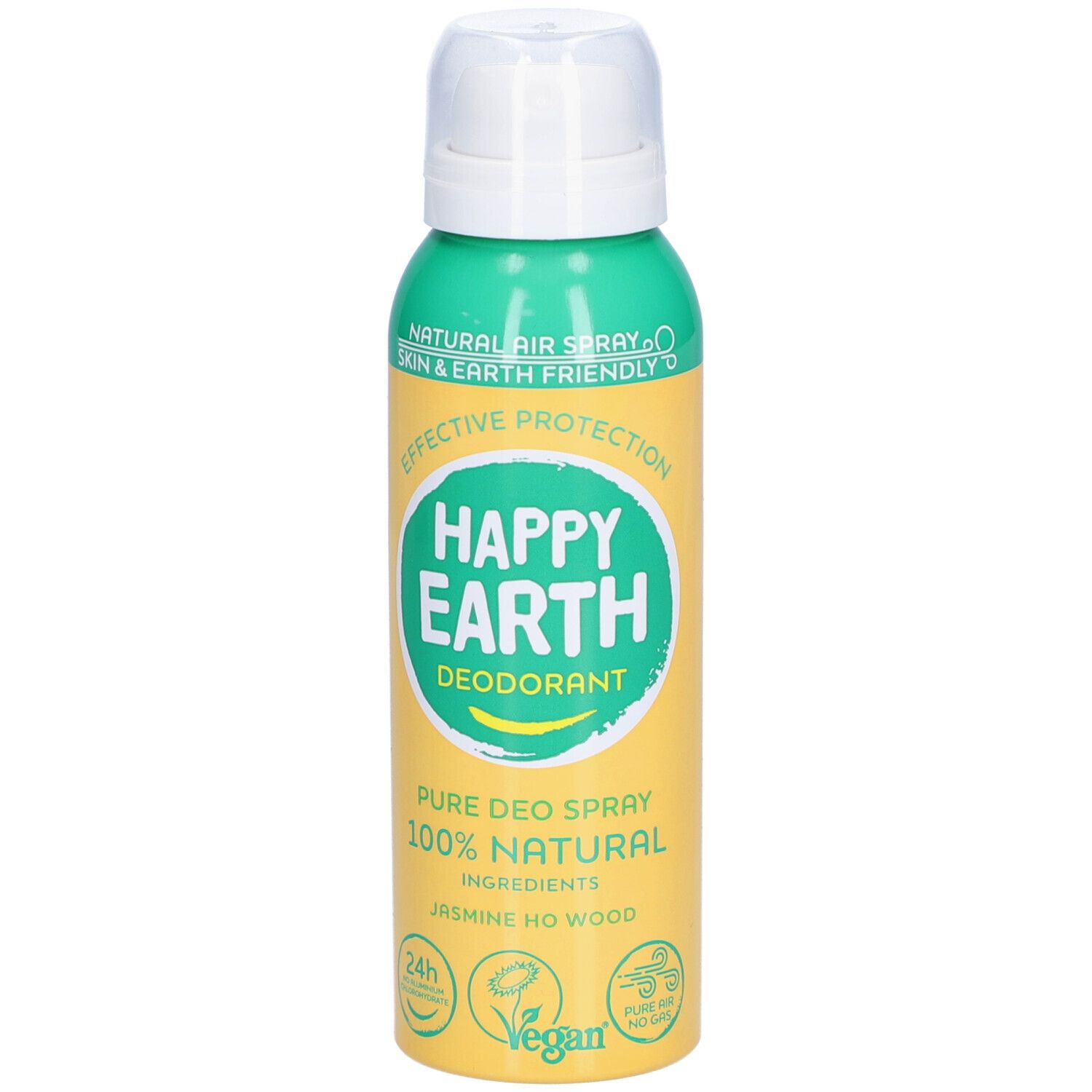 Deodorant-Spray von Happy Earth. Grün-gelbe Dose mit weißem Sprühkopf. Aufschrift: Happy Earth, Deodorant, 100% Natural.