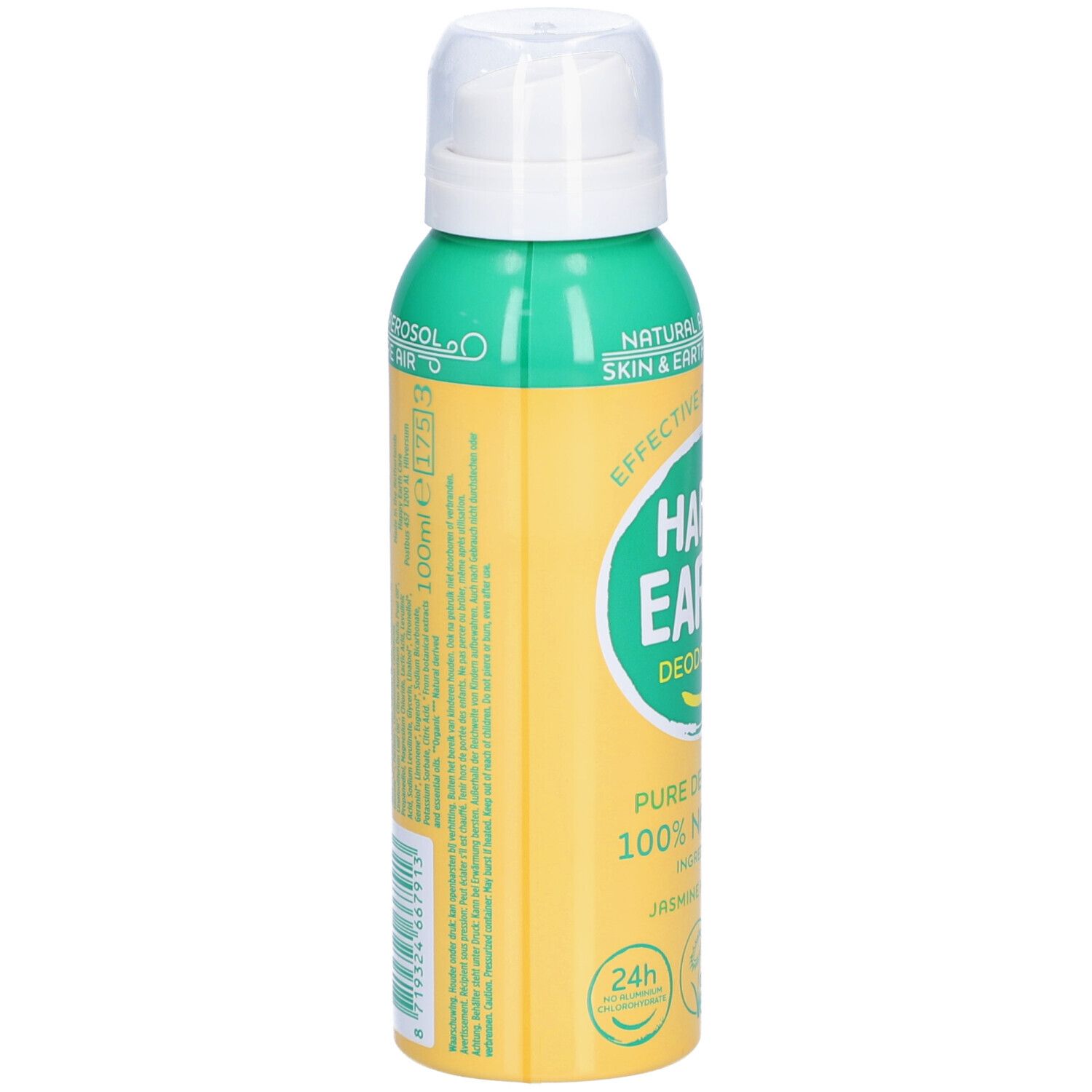 Rückseite des Deodorant-Sprays. Grün-gelbe Dose mit Texten und Logos. Enthält Informationen über Inhaltsstoffe und Zertifizierungen.
