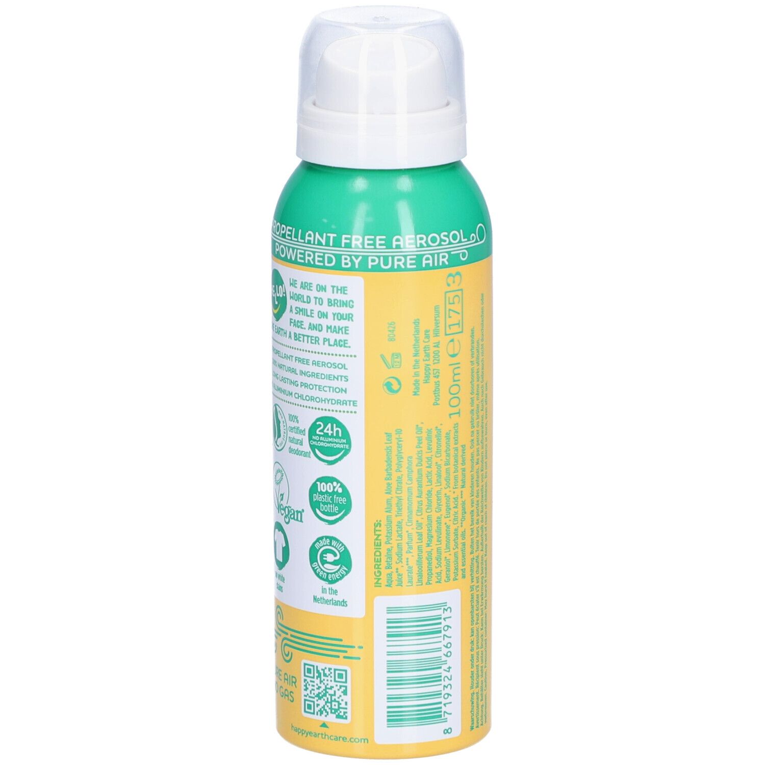 Rückseite des Deodorant-Sprays. Grün-gelbe Dose mit Texten und Logos. Enthält Informationen über Inhaltsstoffe und Zertifizierungen.