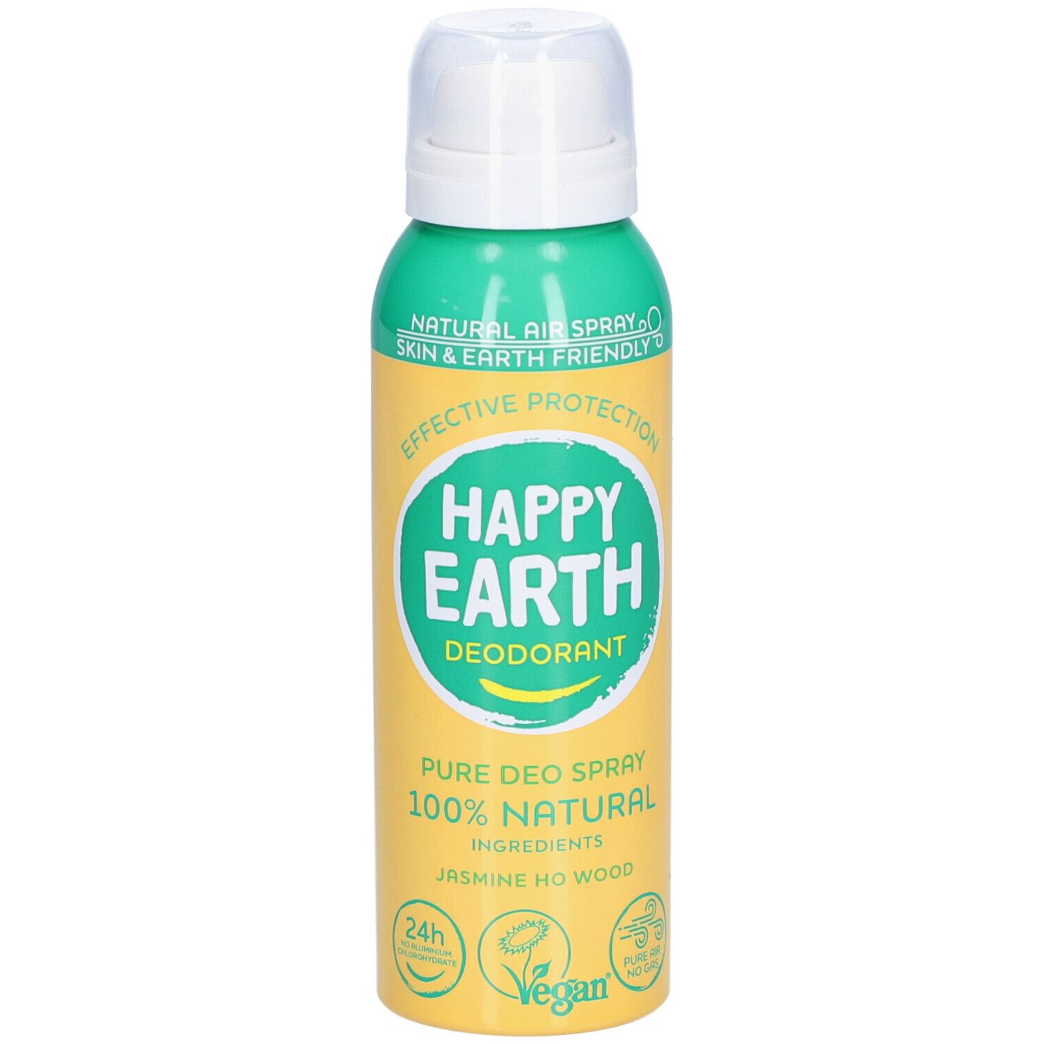 Deodorant-Spray von Happy Earth. Grün-gelbe Dose mit weißem Sprühkopf. Aufschrift: Happy Earth, Deodorant, 100% Natural.
