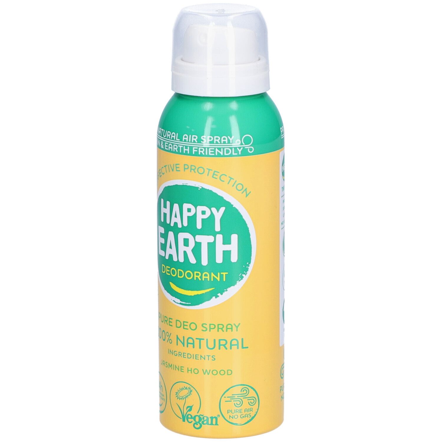 Deodorant-Spray von Happy Earth. Grün-gelbe Dose mit weißem Sprühkopf. Aufschrift: Happy Earth, Deodorant, 100% Natural.