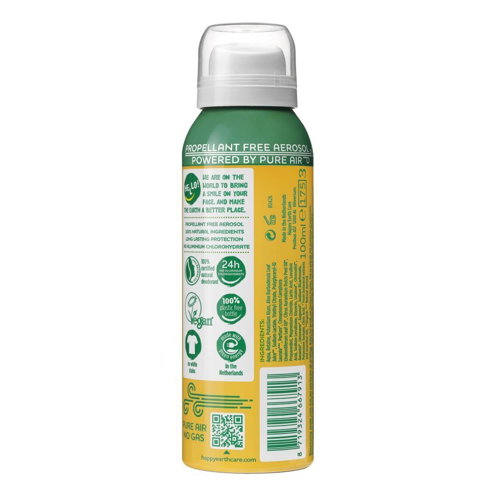 Rückseite des Deodorant-Sprays. Grün-gelbe Dose mit Texten und Logos. Enthält Informationen über Inhaltsstoffe und Zertifizierungen.