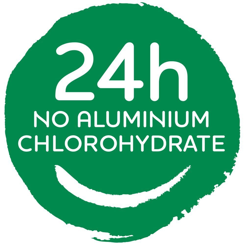 Grünes Logo mit weißer Schrift: 24h, kein Aluminiumchlorhydrat. Auf einem grünen Hintergrund mit einem lächelnden Gesicht.