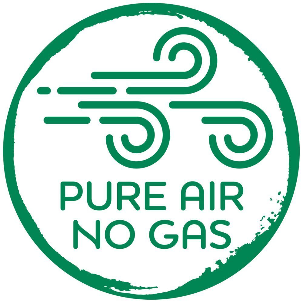 Grünes Logo mit weißer Schrift: Pure Air, No Gas. Wind-Symbol in einem Kreis.