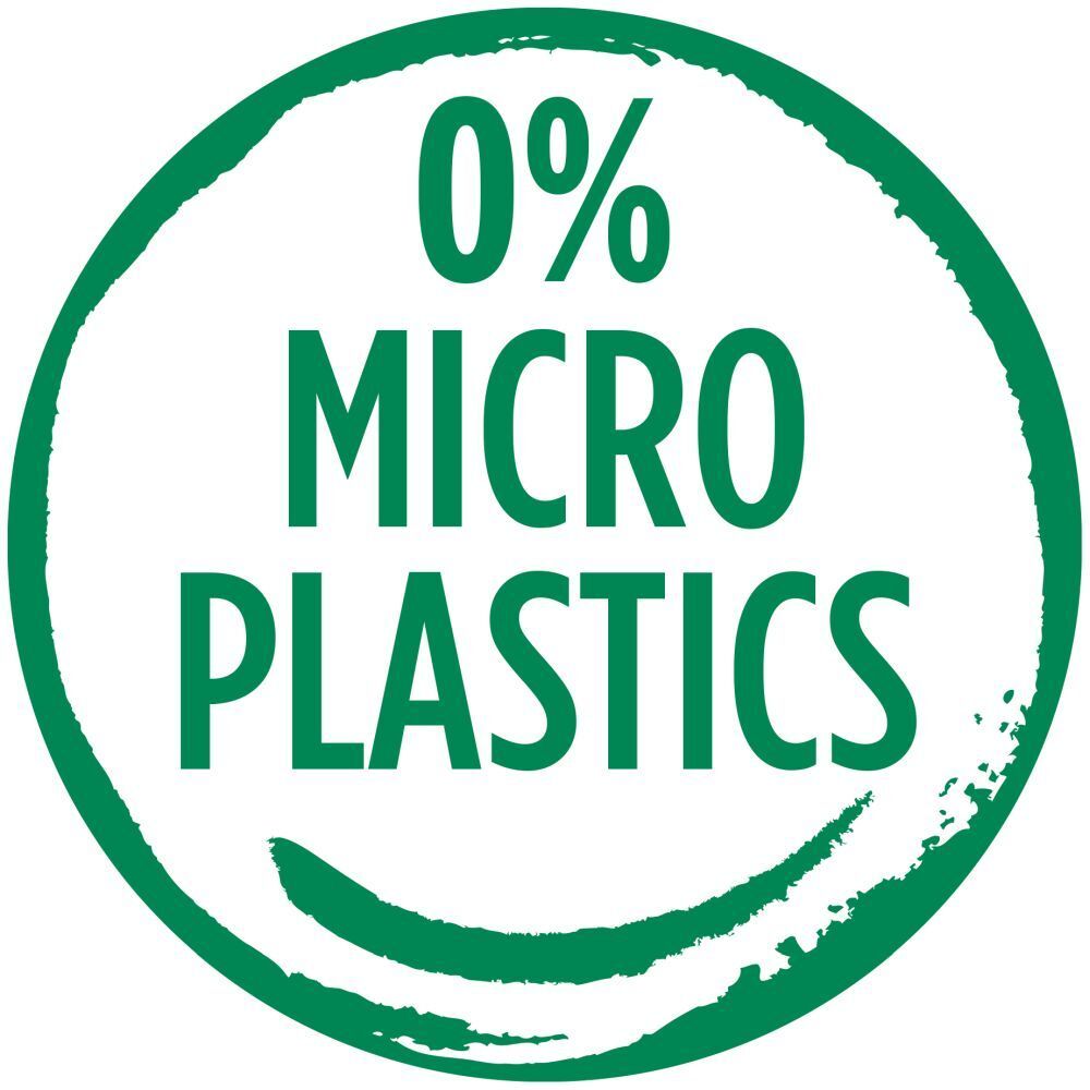 Grünes Logo mit weißer Schrift: 0% Mikroplastik. Ein grüner Kreis mit einem lächelnden Gesicht.