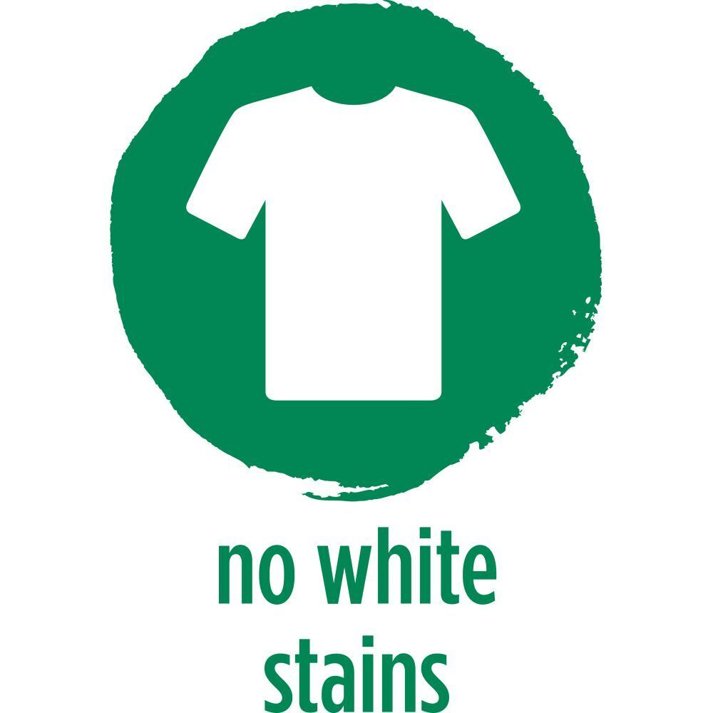 Grünes Logo mit weißer Schrift: keine weißen Flecken. Ein weißes T-Shirt in einem grünen Kreis.