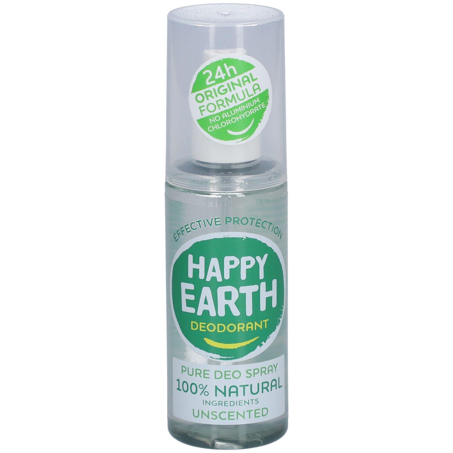 Deo-spray met spuitkop. Opschrift: Happy Earth, Deodorant, 100% Natural, Unscented. Transparante fles.