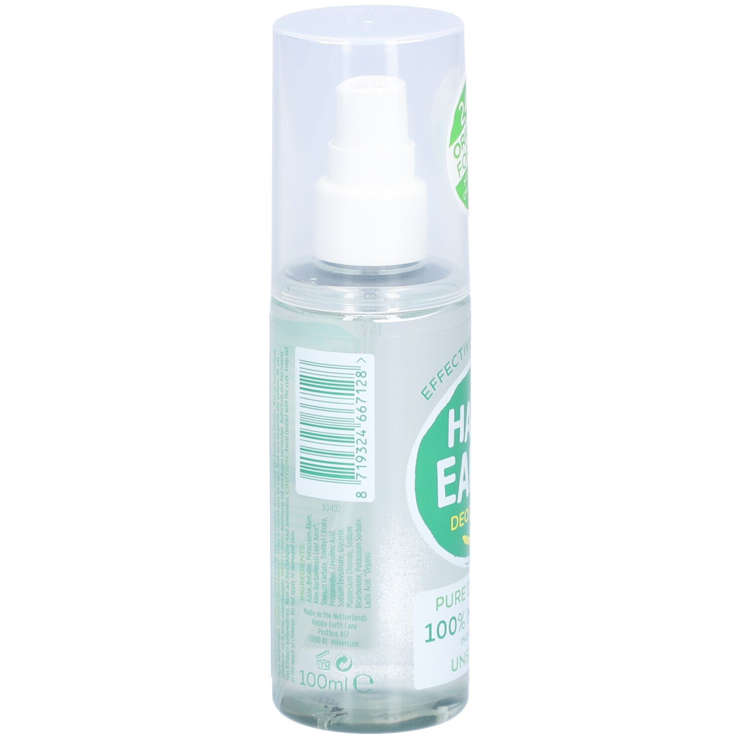 Deo-spray, achterkant. Opschrift: Happy Earth, 100% Natural, Unscented. 100ml. Barcode.