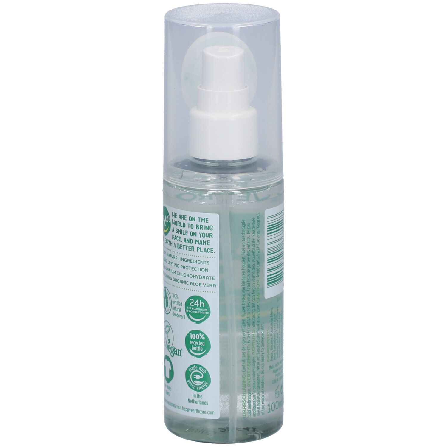 Deo-spray, achterkant. Opschrift: Happy Earth, 100% Natural, Unscented. Logo's en tekst.