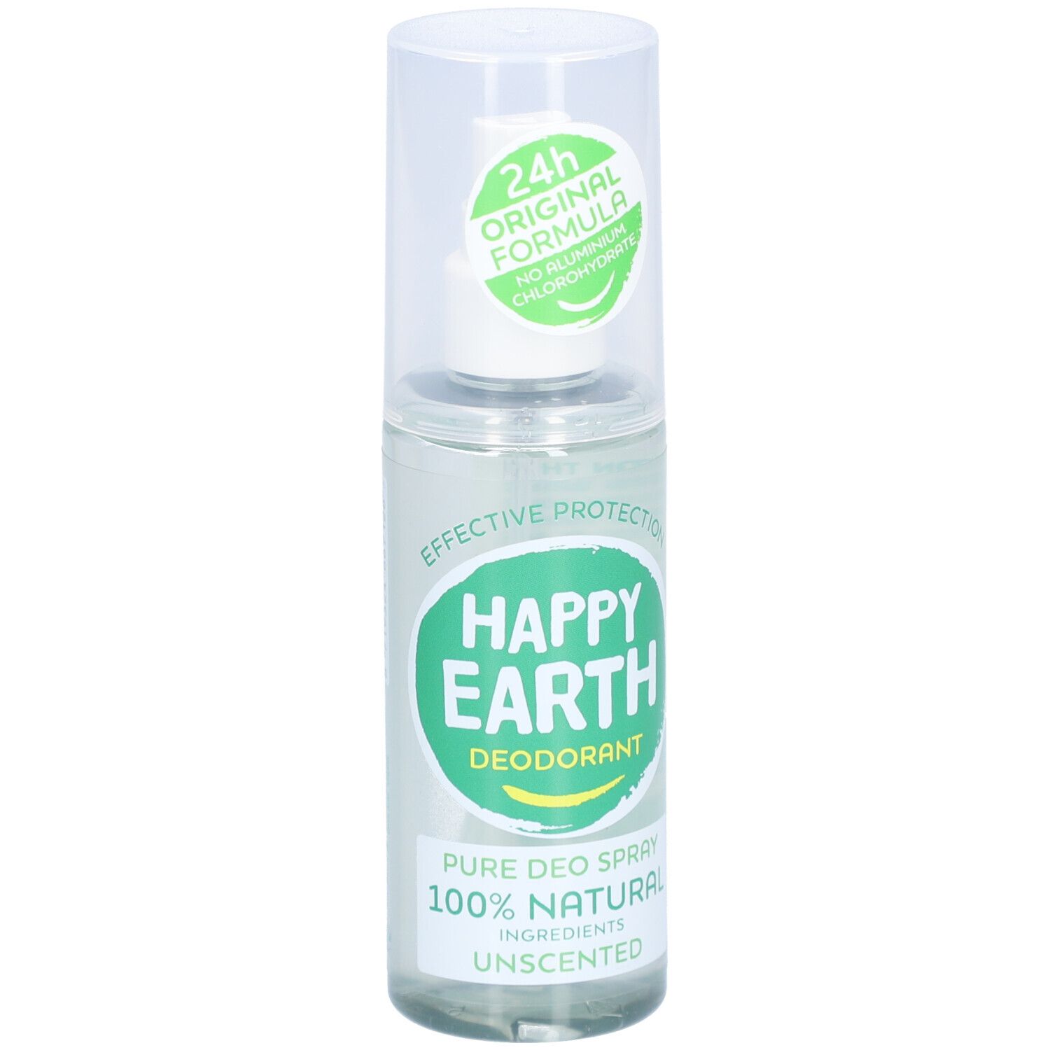 Deo-spray met spuitkop. Opschrift: Happy Earth, Deodorant, 100% Natural, Unscented. Transparante fles.