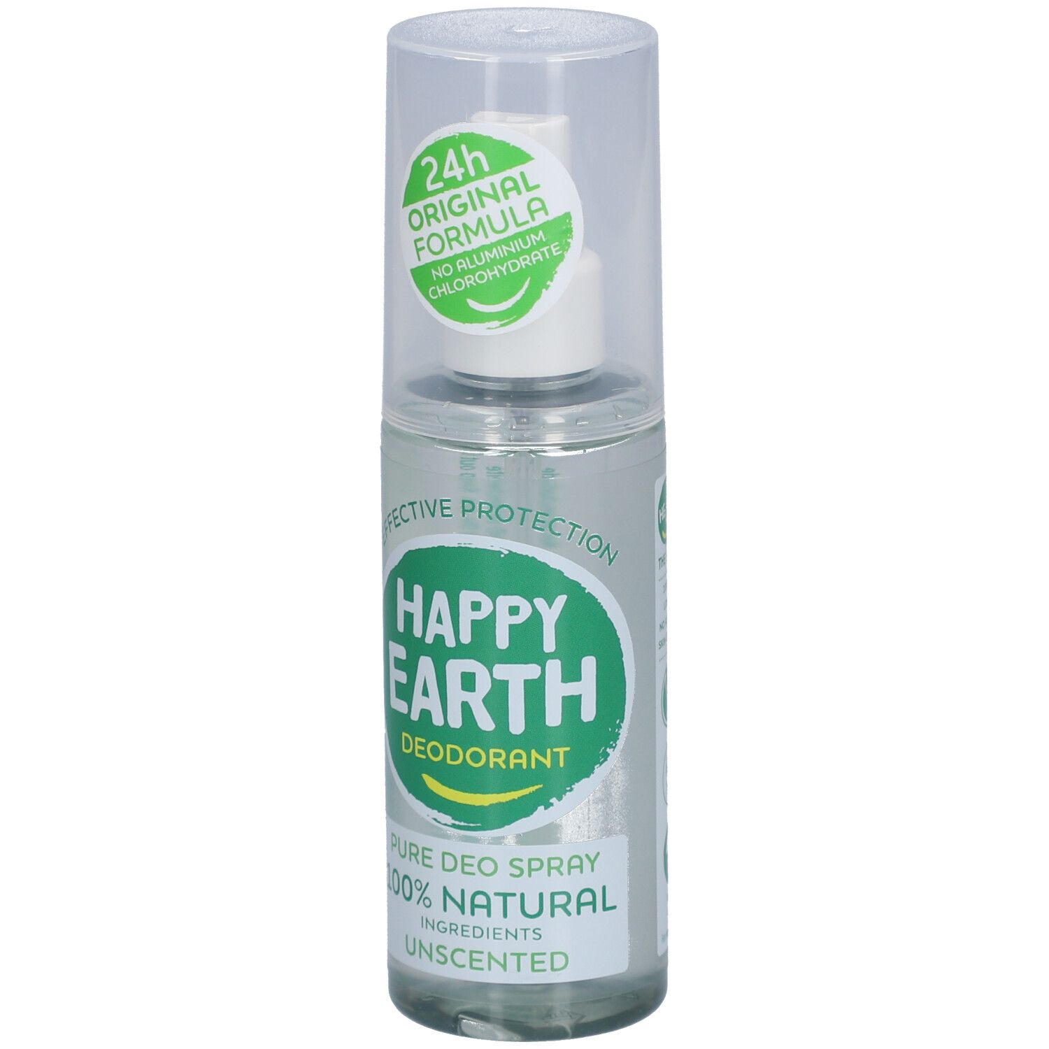 Deo-spray met spuitkop. Opschrift: Happy Earth, Deodorant, 100% Natural, Unscented. Transparante fles.