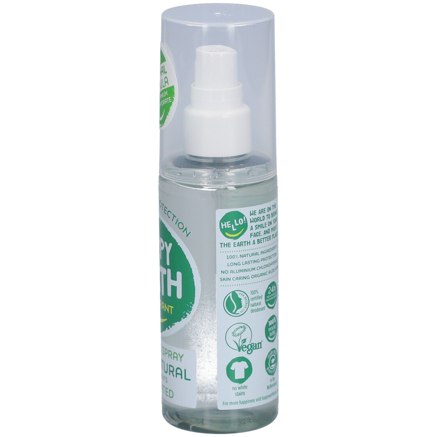 Deo-spray, achterkant. Opschrift: Happy Earth, Deodorant, 100% Natural, Unscented. Logo's en tekst.