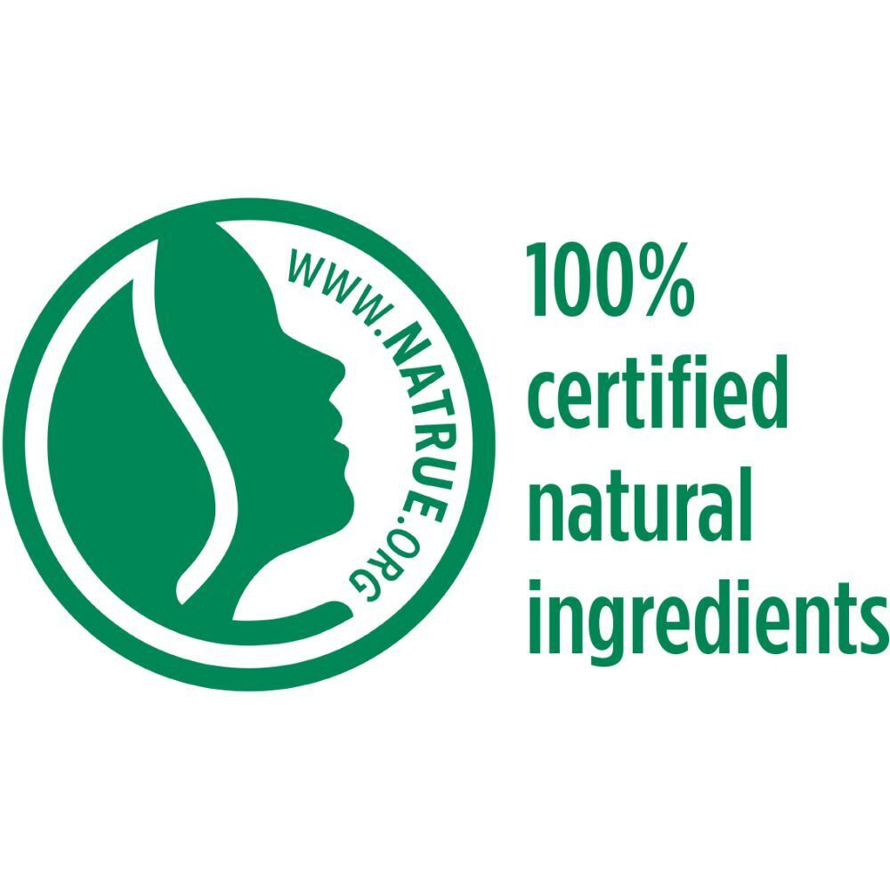Groen logo met witte tekst: 100% certified natural ingredients. Vrouwenprofiel.